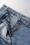 Ljusblå Casual Solid Patchwork Skinny Denim Shorts med hög midja