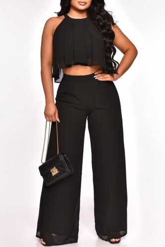 Black Casual Solid Basic O Neck Sleeveless Two Pieces