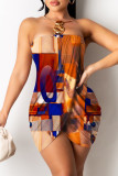 Orange Sexy Casual Print Patchwork Backless Strapless Sleeveless Dress Dresses
