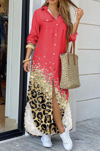 Red Casual Print Leopard Patchwork Buckle Turndown Collar Shirt Dress Dresses