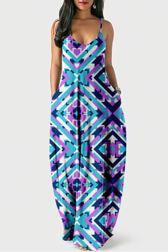 Purplish Blue Casual Street Print U Neck Lantern Skirt Dresses