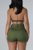 Verde oliva Sexy Street Solid Patchwork Pocket Backless Sleeveless Two Pieces