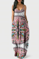 Wit roze casual street print u-hals lantaarn rok jurken