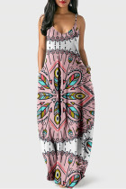 White Pink Casual Street Print U Neck Lantern Skirt Dresses