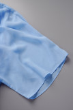 ブルー カジュアル ソリッド パッチワーク Oネック ロングドレス ドレス