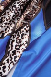 azul casual estampado patchwork abertura asimétrica cuello oblicuo manga corta dos piezas