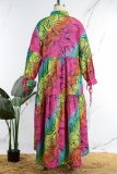Cyan Casual Print Patchwork Buckle Fold Turndown Collar Long Dress Robes de grande taille