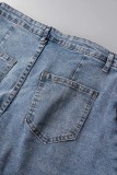 Hellblaue, lässige, solide Patchwork-Jeansshorts mit hoher Taille und hoher Taille