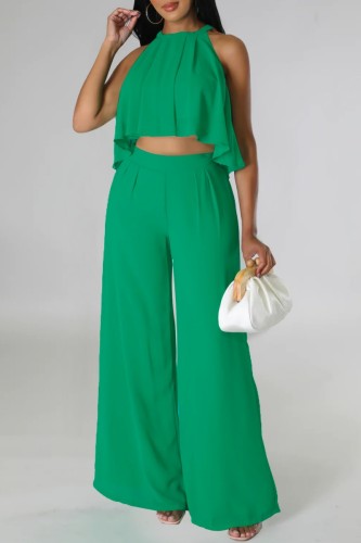 Green Casual Solid Basic O Neck Sleeveless Two Pieces
