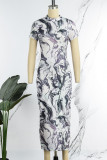 Multicolor Casual Print Basic Half A Turtleneck Short Sleeve Dress