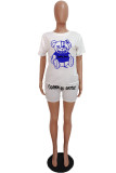 Blanc Casual Sportswear Cartoon Imprimer Lettre O Cou Manches Courtes Deux Pièces (Sans Collier)