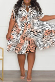 Zwart casual print patchwork vouw turndown kraag A-lijn grote maten jurken