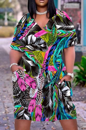 Black Casual Print Basic V Neck Short Sleeve Dress