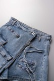 Short jeans skinny azul claro casual patchwork cintura alta