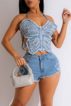 Blue Sexy Solid Bandage Patchwork Backless Hot Drill Halter Sans Manches Deux Pièces