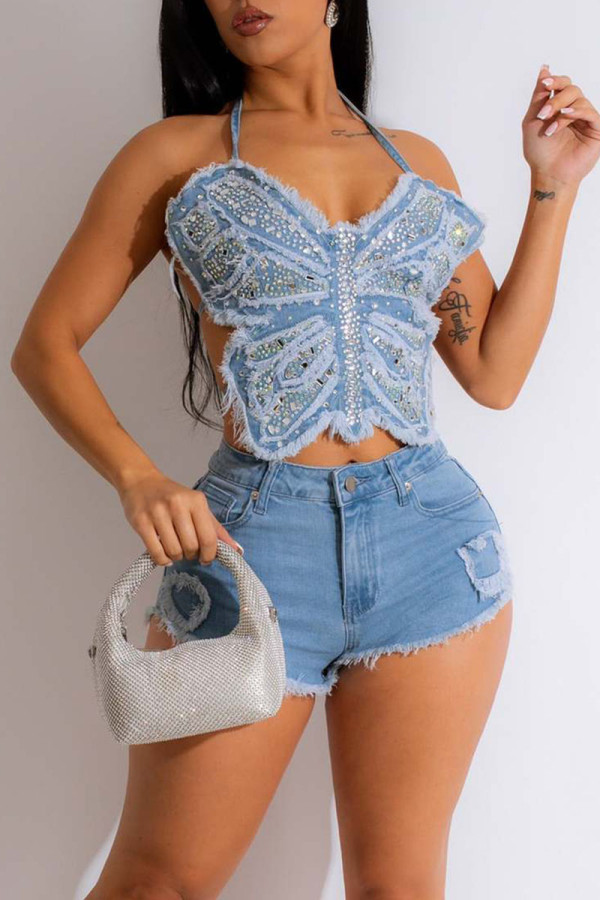 Blue Sexy Solid Bandage Patchwork Backless Hot Drill Halter Sans Manches Deux Pièces