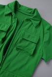 グリーン セクシー ソリッド パッチワーク ポケット ターンダウン カラー スキニー ジャンプスーツ