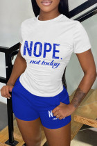White Blue Casual Letter Print Basic O Neck Short Sleeve Two Pieces