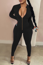 Schwarze, sexy, lässige Sportswear-Overalls mit festem Reißverschluss und halbem Rollkragen