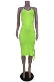 Fluorescent Green Sexy Solid Hollowed Out Frenulum Backless Spaghetti Strap Sleeveless Dress Dresses