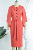 Watermelon Red Elegant Solid Patchwork Turndown Collar One Step Skirt Dresses