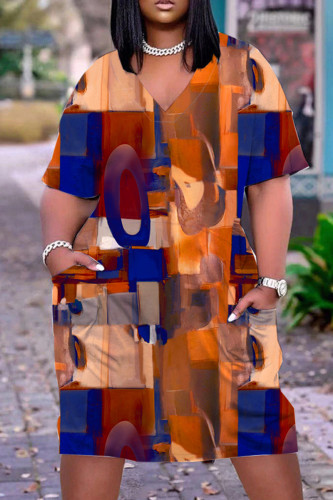 Brown Casual Print Basic V Neck Short Sleeve Dress