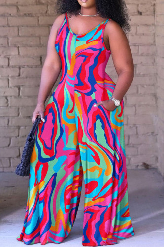 Multi-color Casual Street Print Spaghetti Strap Loose Jumpsuits