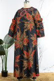 Orange Casual Print Printing Stringy Selvedge O Neck Printed Dress Plus Size Dresses