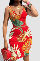 Falda envuelta con cuello en V y estampado floral informal sexy roja de talla grande de dos piezas