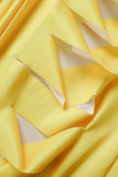 Estampa casual amarela vazada patchwork gola virada para trás tamanho grande