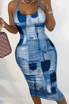 Donkerblauwe sexy print patchwork backless spaghetti band kokerrok jurken