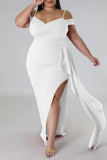 Branco Sexy Elegante Sólido Patchwork Vestido com Folho e Alça Espaguete Vestido Irregular Vestidos Tamanho Grande