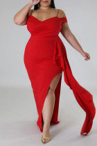 Rotes, sexy, elegantes, solides Patchwork-Volant-Schlitz-Spaghetti-Träger-unregelmäßiges Kleid in Übergröße