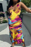 Königsblaues, sexy Alltags-Kleid mit Graffiti-Wickelrock und V-Ausschnitt in Übergröße