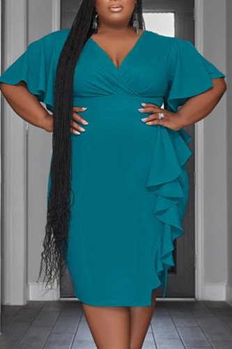 Lake Blue Casual Solid Patchwork Flounce Asymmetrical V Neck One Step Skirt Plus Size Dresses