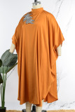 Orange Casual Daily Solid Appliques Beading O Neck Long Dress Dresses