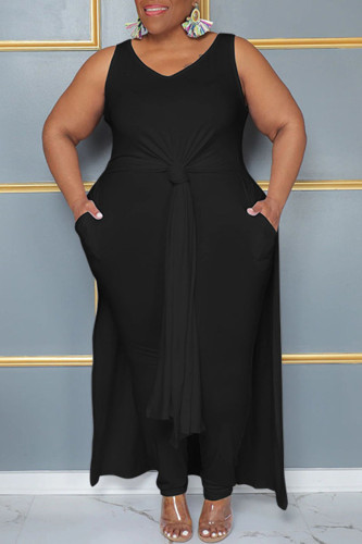 Black Casual Solid Patchwork Slit V Neck Plus Size Two Pieces