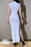 ホワイトセクシーセレブソリッド中空高開口部クロスストラップマンダリンカラー不規則なドレスドレス