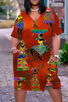 Baksteenrode casual straatprint patchwork jurk met V-hals en print