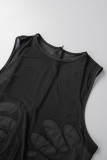 Zwarte sexy stevige patchwork doorzichtige mesh O-hals magere jumpsuits