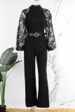 Schwarzer, eleganter, fester Patchwork-Overall mit halbem Rollkragen und geradem Schnitt
