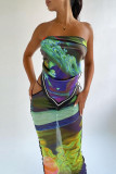 Colour Sexy Print Bandage Patchwork See-through Backless Asymmetrical Strapless Sleeveless Two Pieces