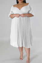 Vestidos de talla grande rectos con cuello en V y pliegues de patchwork liso informal blanco