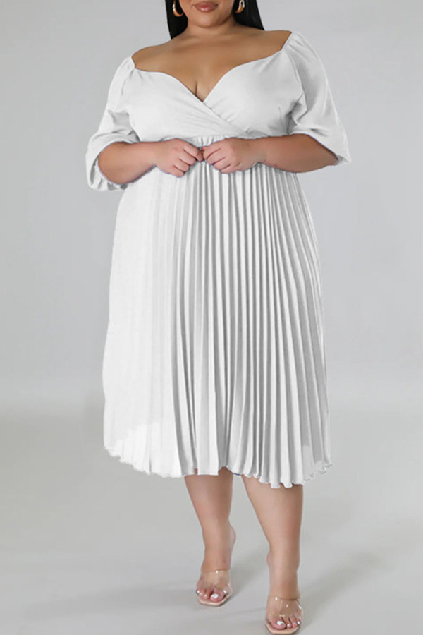 Robes de grande taille blanches décontractées en patchwork plissé à col en V droites