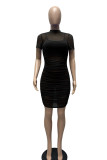 ブラック セクシー ソリッド パッチワーク シースルー フォールド O ネック ペンシル スカート ドレス (XNUMX ピース)