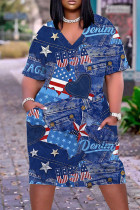 De cowboyblauwe casual street print patchwork jurk met V-hals en print