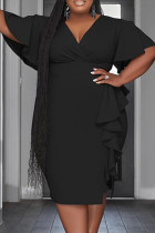 Zwart Casual Solid Patchwork Volant Asymmetrische V-hals Eenstaps rok Grote maten jurken