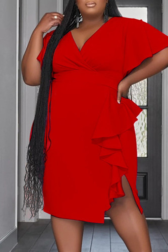 Red Casual Solid Patchwork Flounce Asymmetrical V Neck One Step Skirt Plus Size Dresses