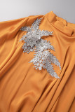 Oranje Casual Dagelijks Effen Applicaties Kralen O-hals Lange jurkjurken