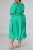 Blue Casual Solid Patchwork Fold V Neck Straight Plus Size Dresses